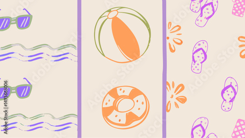 Embracing the nostalgic summer vibes with beach balls and flip flops on a retro styled background