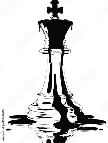 Melting Chess King Silhouette Featuring a Distorted Chess Piece Dripping with a Black Liquid Effect, Representing Themes of Power, Decay, Transformation, and the Passage of Time in a Dramatic 