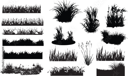 Set of grass with flowers and spikelet’s, black silhouettes dividers, grassland field with tufts, lawn grass horizontal borders, meadow grass field vector set stock illustration