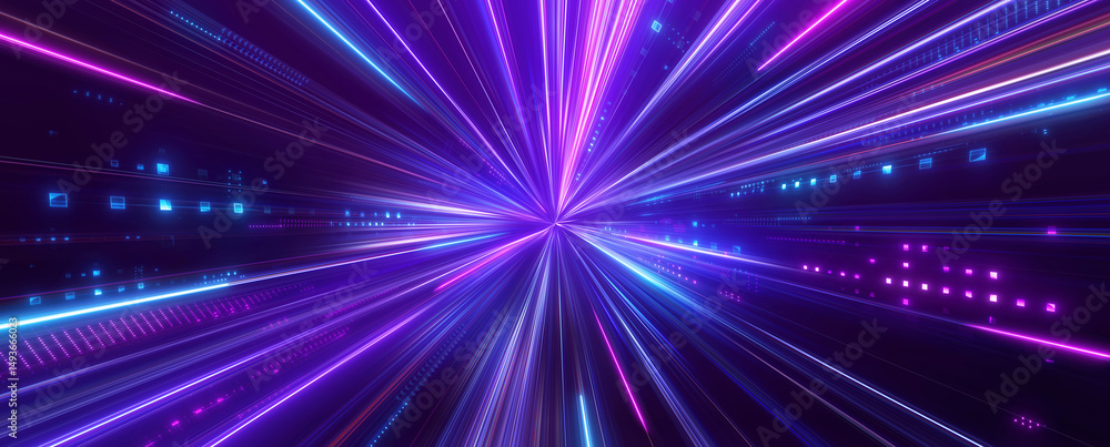 Obraz premium Long streaks of violet and blue light moving fast on night city street. Futuristic digital style on a black background. Speed and motion concept. 3d illustration