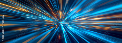 Abstract blue and orange neon light streaks moving fast through on a dark tunnel. Concept of speed, motion or futuristic technology. 3d illustration