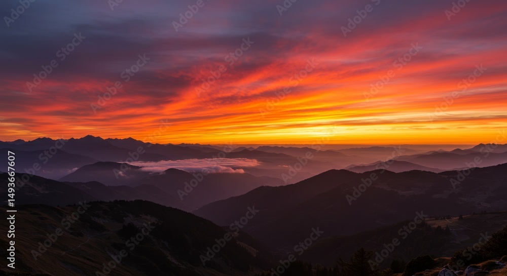 Sunrise Majesty Over Mountain Ranges - Breathtaking sunrise paints vibrant orange and red hues across majestic mountains, symbolizing serenity, nature's beauty, tranquility, hope, and new beginnings Sunrise Majesty Over Mountain Ranges - Breathtaking sunrise paints vibrant orange and red hues across majestic mountains, symbolizing serenity, nature's beauty, tranquility, hope, and new beginnings