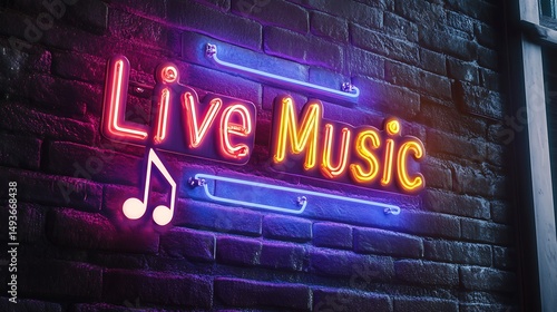 Vibrant neon sign advertising live music on a brick wall.