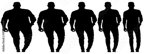 Conceptual fat overweight obese man vs slim fit healthy body after weight loss or diet, white background banner. A  fitness, nutrition or obesity, health care shape illustration vector as silhouettes
