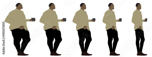 Conceptual fat overweight obese man vs slim fit healthy body after weight loss or diet, white background banner. A  fitness, nutrition or obesity, health care shape illustration vector as silhouettes