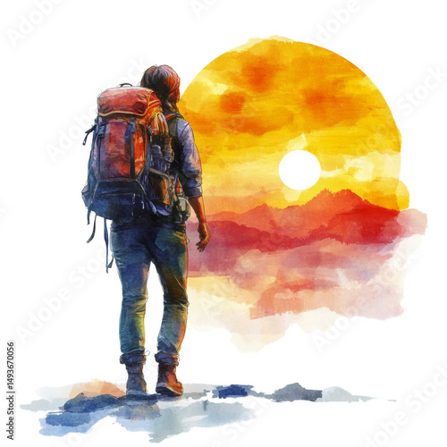 Adventurer Stands at Sunset Overlooking Mountains Nature Scene in Tranquil Environment Inspirational Viewpoint isolated on a white background, Watercolor illustration
