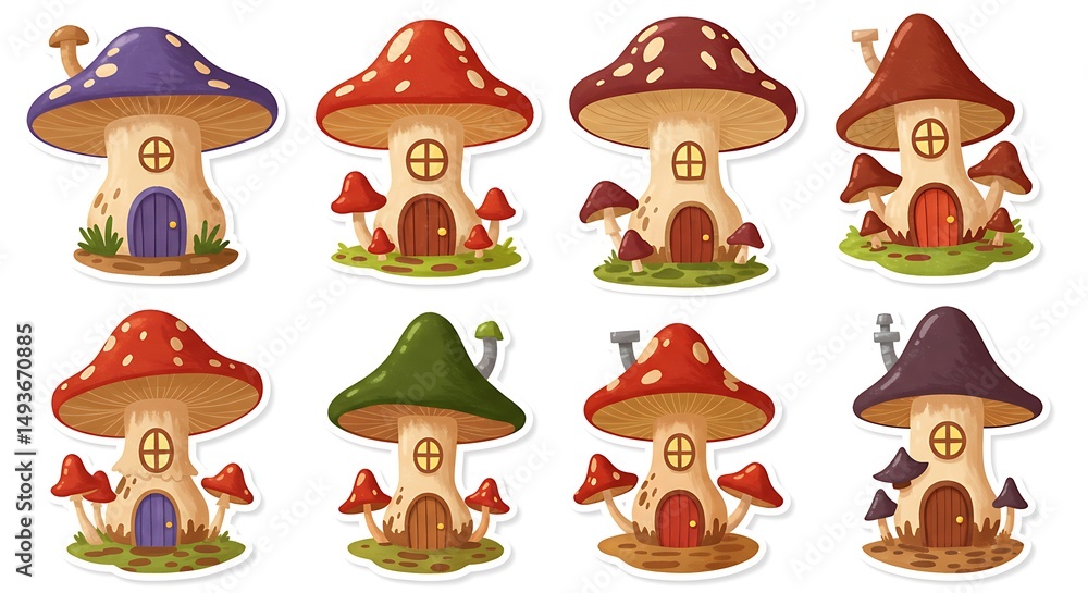 Fototapeta premium Cute Cartoon Mushroom Houses for Fairy Tale Designs 