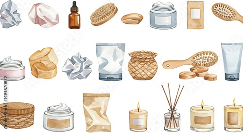 Spa and Wellness Items Collection in Watercolor Style
