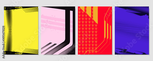 Dynamic geometry on a sports background with abstract shapes and bubbles. A4 paper format, set for printing, menu, schedules, price tag, packaging, label. Pop art, social media. Vector illustration.