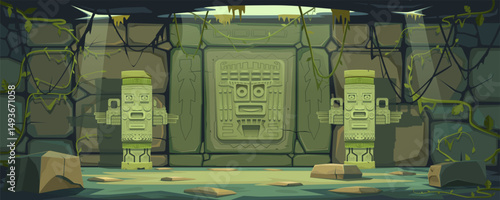 Ancient Mayan temple inside, sanctuary with statues or totems. Stone wall with engraved face and frieze with hieroglyphs. Room interior scene with destroyed ceiling and ruins. Vector cartoon.