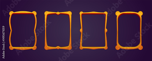 Golden engraved or wooden carved frame in cartoon style. Vector template of a4 frame with circular decorative elements around the perimeter. Isolated set, empty border, decoration, illustration.