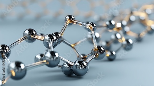 Abstract metallic spheres connected by rods creating a modern tech network with warm diffused lighting.