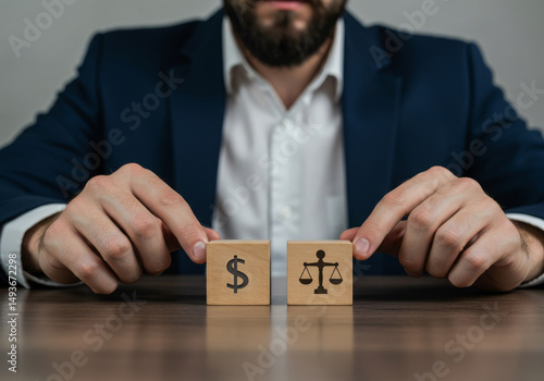 Wooden Blocks Symbolize Property Division in Divorce - depicts wooden blocks with dollar and scales symbols