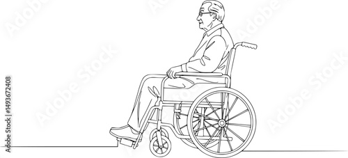 elderly man sitting in a wheelchair line art silhouette vector illustration
