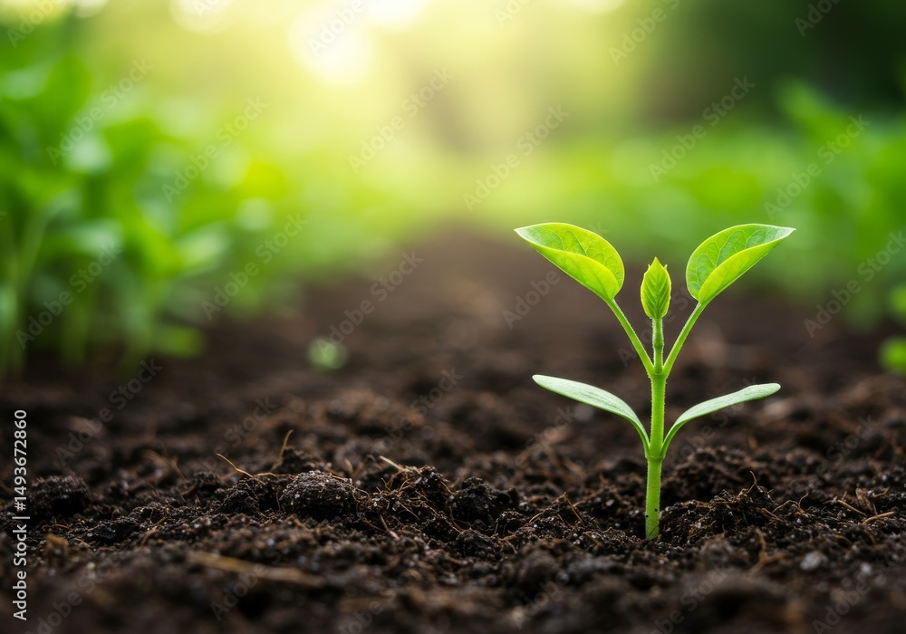 Fototapeta premium Young Sprout Growing in Soil - A single green sprout emerges from dark soil, surrounded by blurred greenery. Sunlight shines from behind