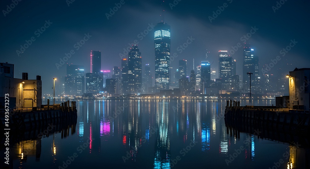 Naklejka premium City Skyline Reflection at Night in Calm Water with Fog