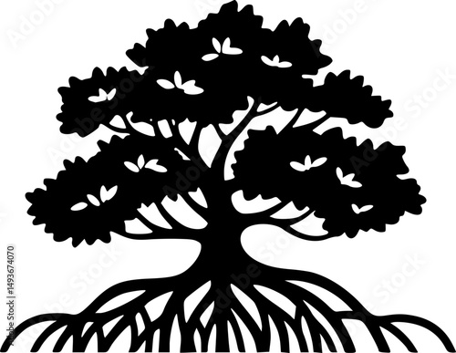 mangrove tree and roots vector elegant logo line art silhouette vector illustration
