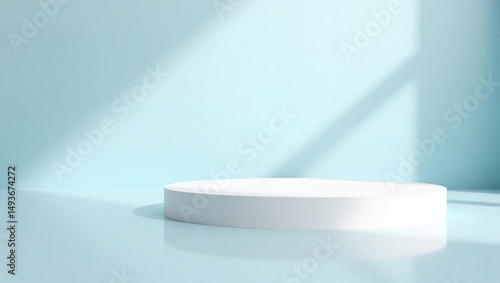 Minimalist White Cylindrical Podium on Glossy Pastel Blue Background with Soft Lighting for Product Display