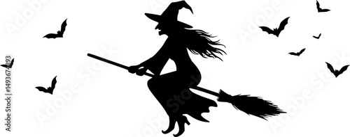 witch flying on a broomstick line art silhouette vector illustration

