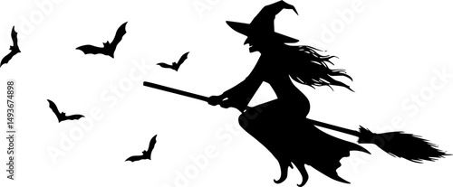 witch flying on a broomstick line art silhouette vector illustration
