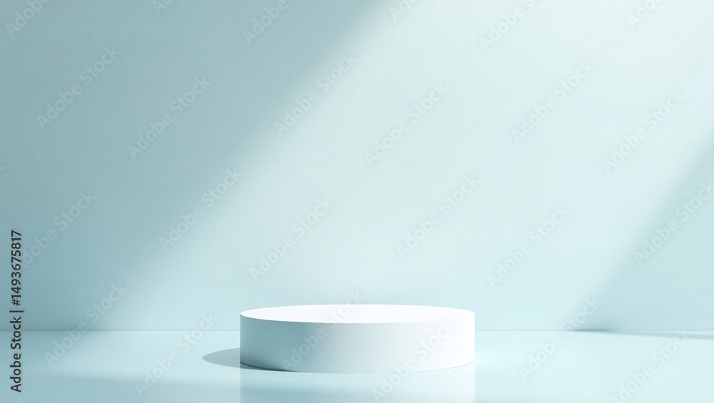 Minimalist White Cylindrical Podium on Glossy Pastel Blue Background with Soft Lighting for Product Display Minimalist White Cylindrical Podium on Glossy Pastel Blue Background with Soft Lighting for Product Display