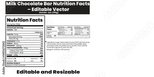 milk chocolate bar nutrition  facts ,database template design with vector, supplement facts, nutrition facts label, nutrition label, nutritional value, healthy food facts, nutrition information panel.