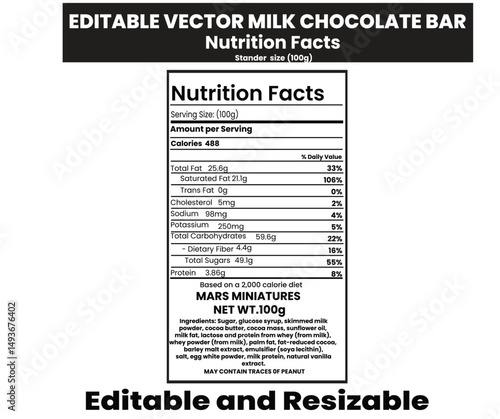 milk chocolate bar nutrition  facts ,database template design with vector, supplement facts, nutrition facts label, nutrition label, nutritional value, healthy food facts, nutrition information panel.