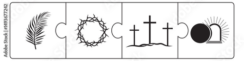 Biblical vector illustration series. Puzzle Easter story. Chronology of events. Jesus entry into Jerusalem, suffering, death, resurrection.