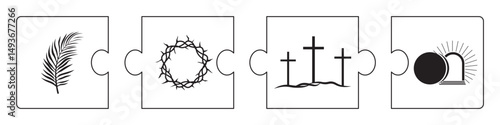 Biblical vector illustration series. Puzzle Easter story. Chronology of events. Jesus entry into Jerusalem, suffering, death, resurrection.