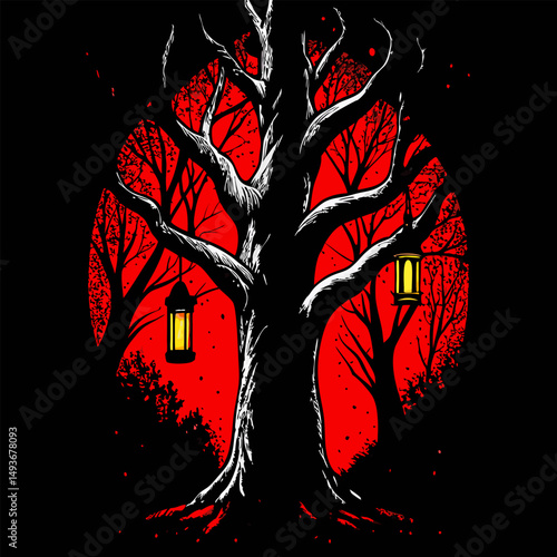 Crimson moonlit night bare tree with hanging lanterns