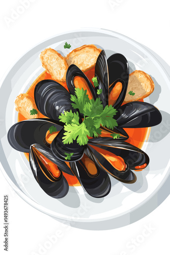Delicious mussel dish with bread and herbs