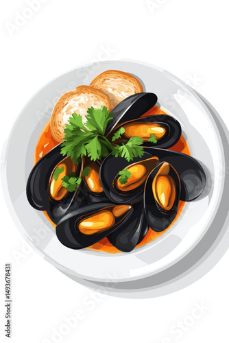 Delicious mussel dish with bread and herbs