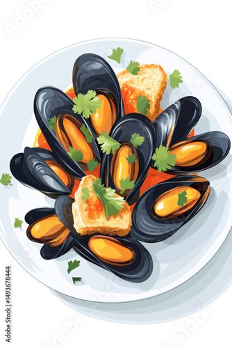 Delicious mussel dish with bread and herbs