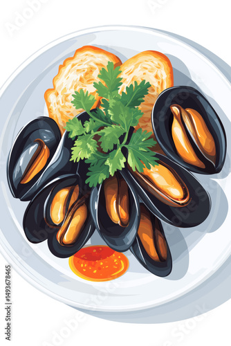 Delicious mussel dish with bread and herbs