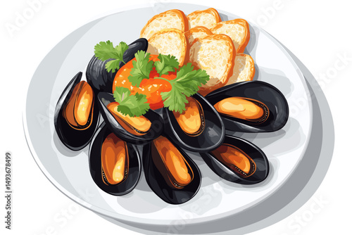 Delicious mussel dish with bread and herbs