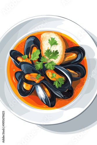 Delicious mussel dish with bread and herbs