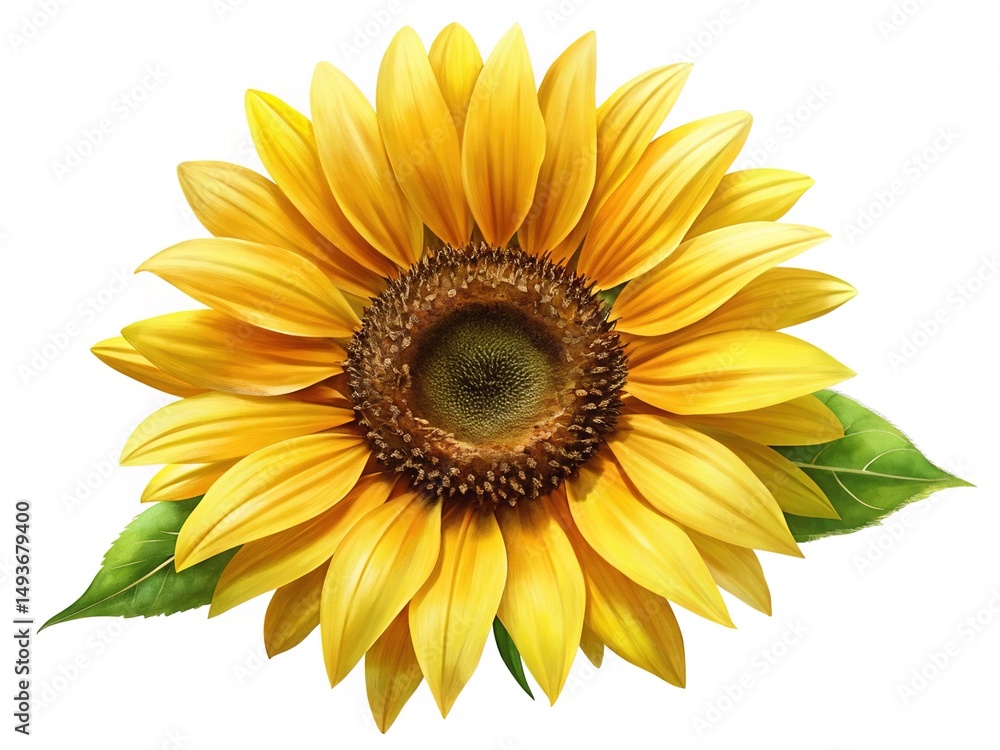 Fototapeta premium Beautiful Sunflower with Vibrant Yellow Petals and Green Leaves on White Background
