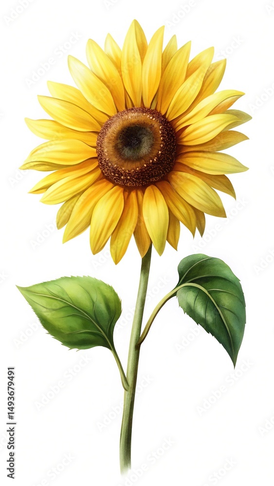 Fototapeta premium Beautiful single sunflower with yellow petals and vibrant green leaves image