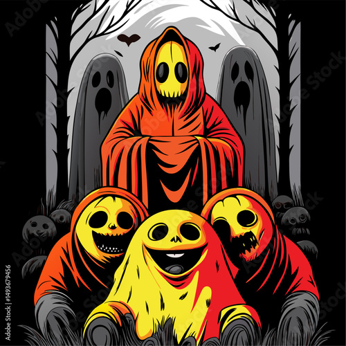 A grim reaper figure with spectral companions in a dark forest setting