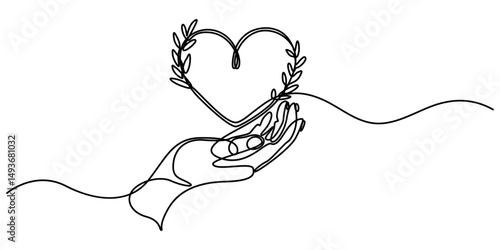 hand holding love shape Hands holding a heart are outlined in a continuous one line drawing, placed on white or transparent background continuous one line drawing, Hand.                      