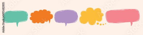 Crayon speech bubbles cloud doodle set. Chalk grunge texture communication text boxes, comic talk balloon in sketch style. Hand drawn colorful vector balloon speak sign dialog communication frames