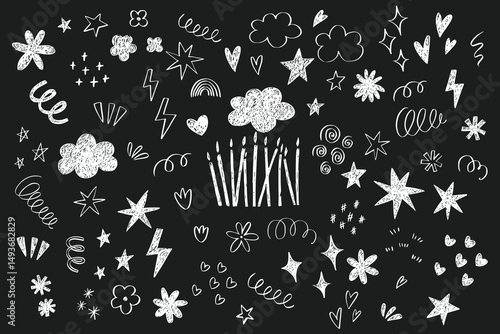 Set of grunge naive emo doodle elements. Handwriting hearts, stars, sparkle, movement and motion expressions. Crayon pencil scribbles. Happy Birthday cute element
