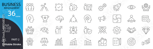 Business Management icon set. Leadership and organization related line icons .strategy, planning, team, goal, meeting, project, growth, decision, workflow, and analysis . Editable stroke.