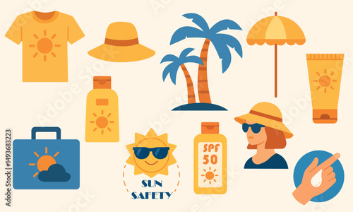 Vector icon set focused on sun protection. Includes sunscreen (SPF), sun-protective clothing, sunglasses, hat, umbrella, palm trees, a suitcase with a weather icon, a woman in a sunhat.