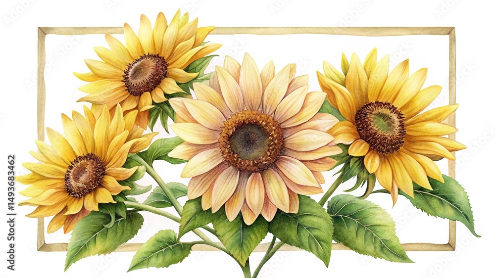 Naklejka premium Watercolor Sunflowers Arranged in a Rectangular Frame with Green Leaves and Stems