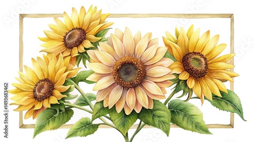 Wallpaper Mural Watercolor Sunflowers Arranged in a Rectangular Frame with Green Leaves and Stems Torontodigital.ca
