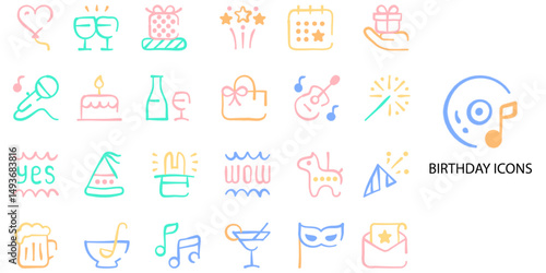 Birthday simple concept 24 Hand Drawn color icons set. Contains such Birthday cake, anniversary celebration, cocktail, decoration, clown, catering, surprise firework, balloon .Vector illustration.	