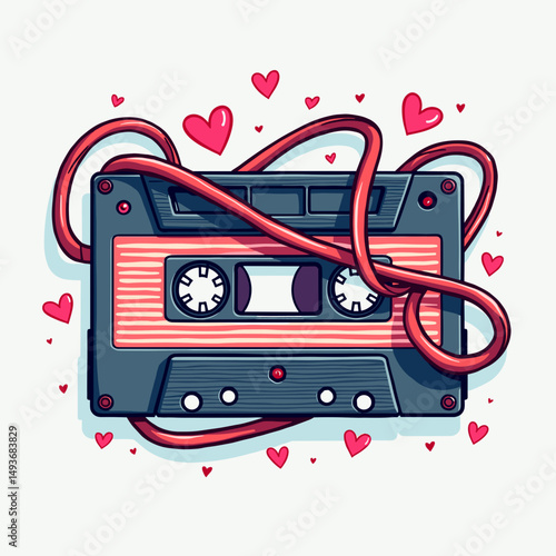 Retro cassette tape tangled in red ribbon with hearts around  