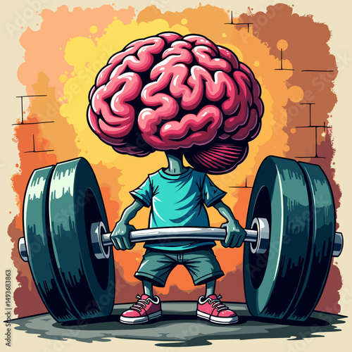 Cartoon character brain lifts a barbell in the gym