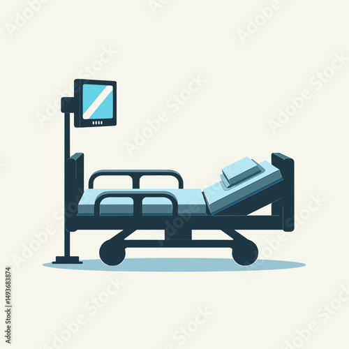 Hospital bed with adjustable features and monitor in minimalist design  